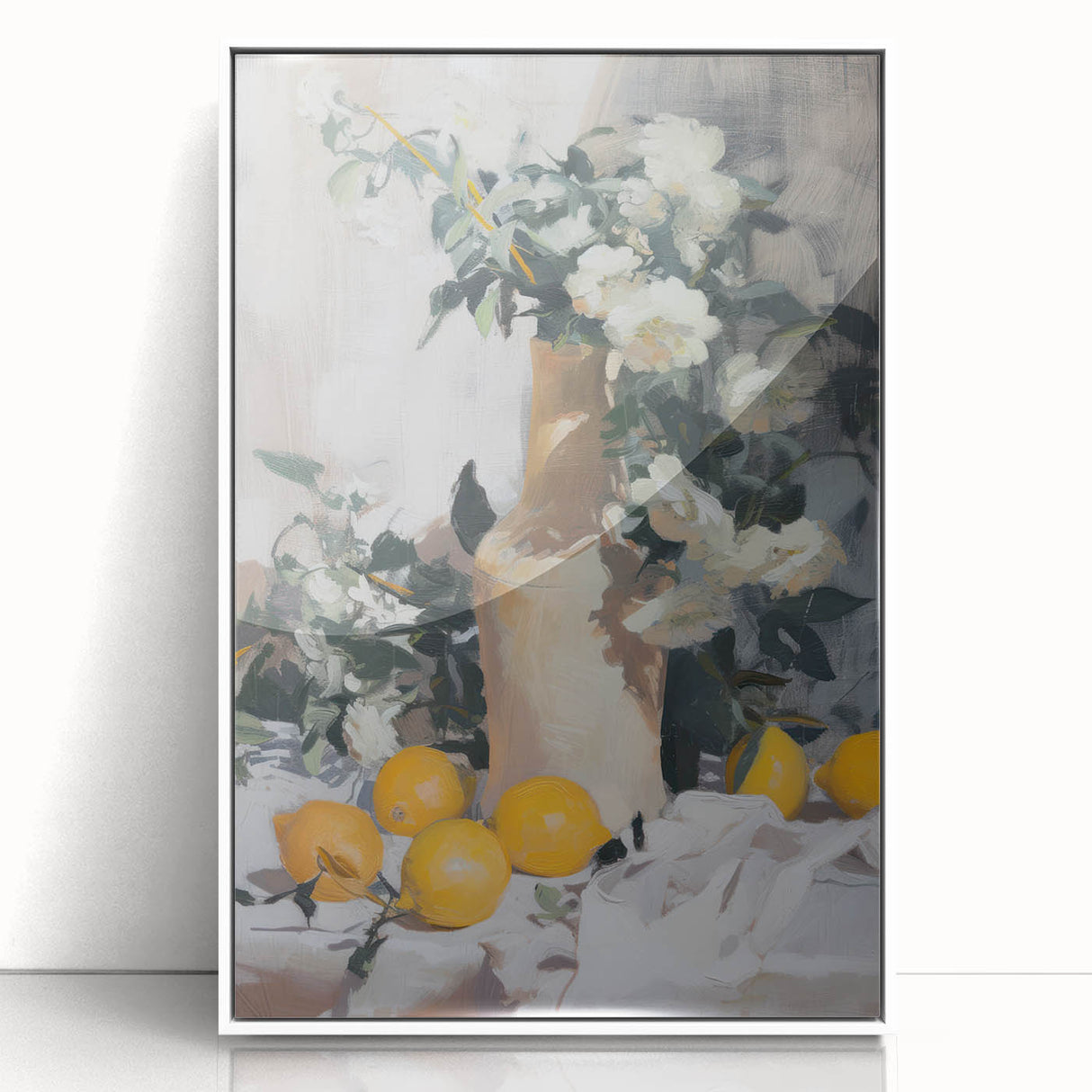 Framed acrylic print of assorted fruits in art deco style, using pastel color palette, ideal for nursery wall art.