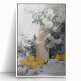 Framed acrylic print of assorted fruits in art deco style, using pastel color palette, ideal for nursery wall art.