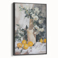 Black and white wall art featuring a vintage poster art style landscape with diverse fruits, framed canvas.