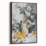Black and white wall art featuring a vintage poster art style landscape with diverse fruits, framed canvas.