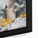 Close-up of black wall art featuring colorful, textured fruits on a large framed canvas, ideal for living room decor.