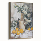 Framed canvas featuring vintage poster art of various fruits in muted colors, ideal for bedroom wall art.