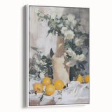 Vintage poster art of colorful fruits on a large framed canvas, ideal for living room decor.