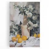 Large black and white canvas featuring a stylized assortment of fruits, ideal for kitchen wall art.