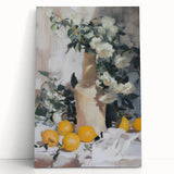 Large black and white stretched canvas featuring an assortment of fruits, ideal for kitchen wall art.