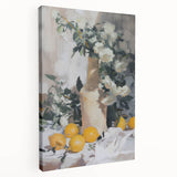 Large stretched canvas featuring a colorful array of fruits, ideal for kitchen wall art.