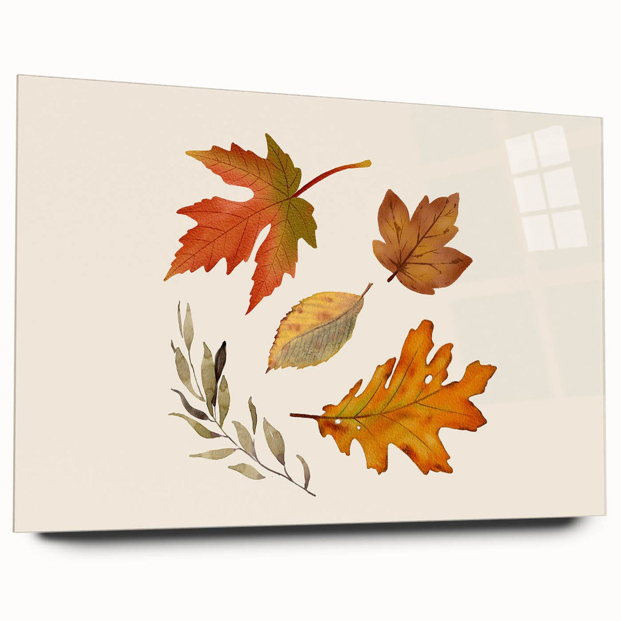 Large abstract wall art in warm autumn hues on acrylic glass, suited for bedroom or dining room decor.