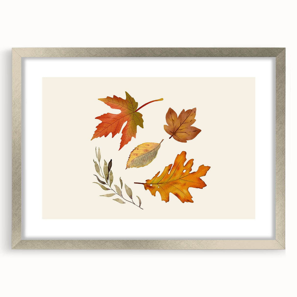 Textured abstract art print in warm autumn hues on a silver-framed canvas, ideal for bedroom wall decor.