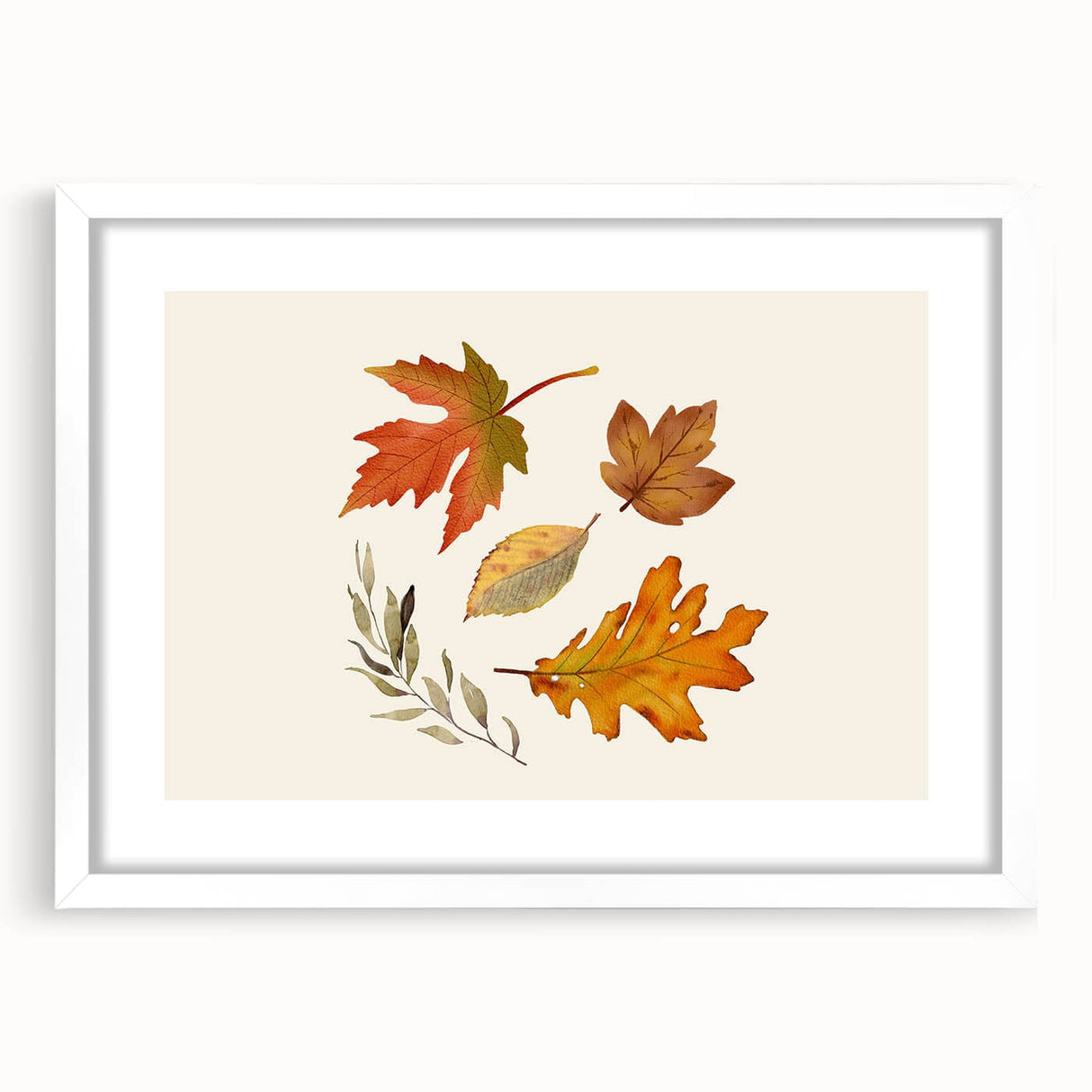 Abstract art print featuring swirling autumn hues on a white framed mat, ideal for dining room decor.