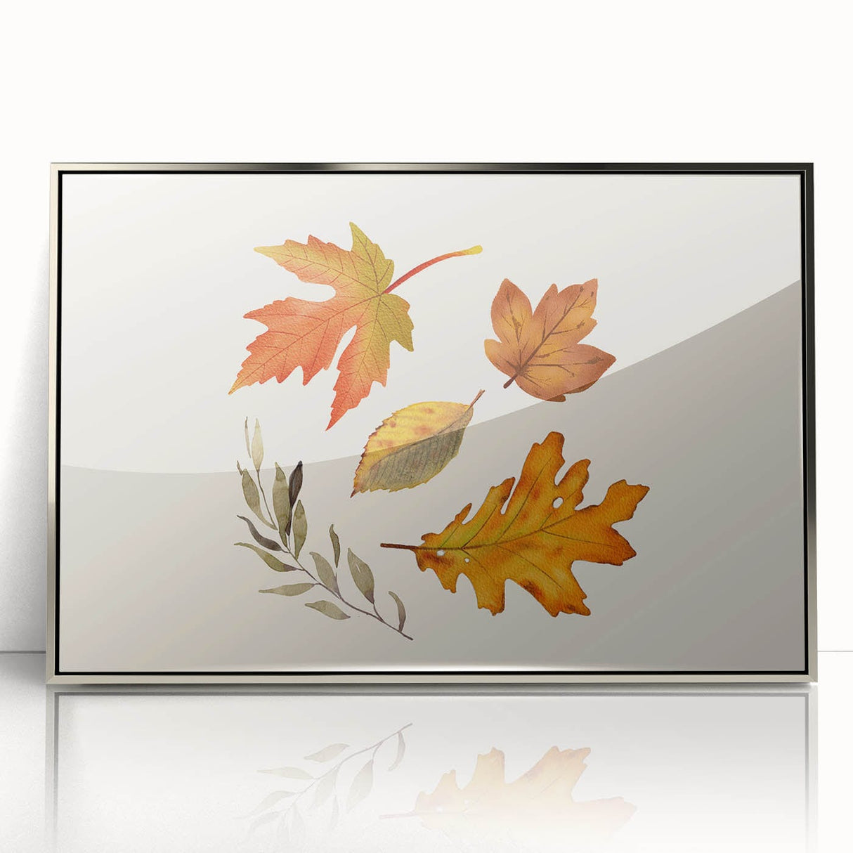 Mid-century modernist art depicting fall seasons in muted orange and brown, acrylic print in a silver frame.