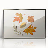 Mid-century modernist art depicting fall seasons in muted orange and brown, acrylic print in a silver frame.