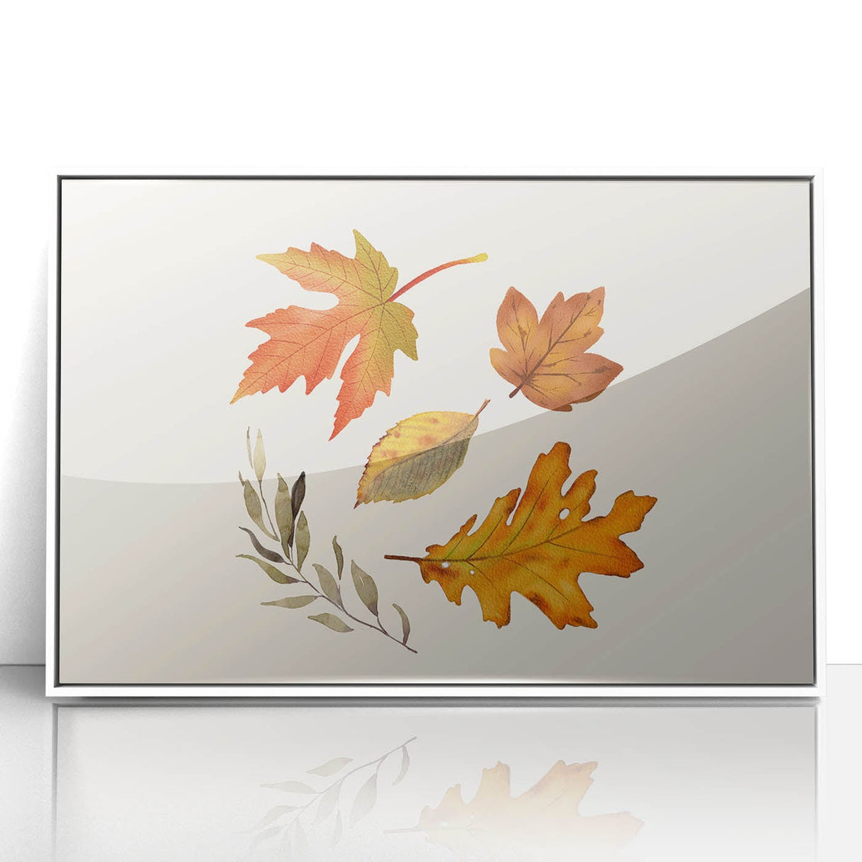 Art deco poster featuring a stylized autumn tree in orange and brown tones, framed in white acrylic.
