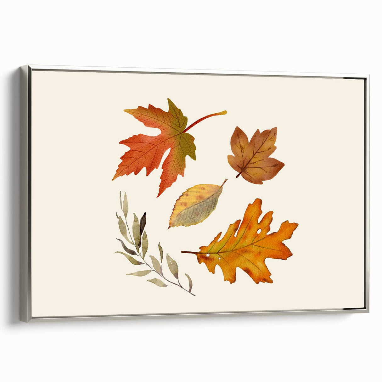 Framed canvas featuring a vintage landscape painting of autumn trees in vibrant orange and red tones.