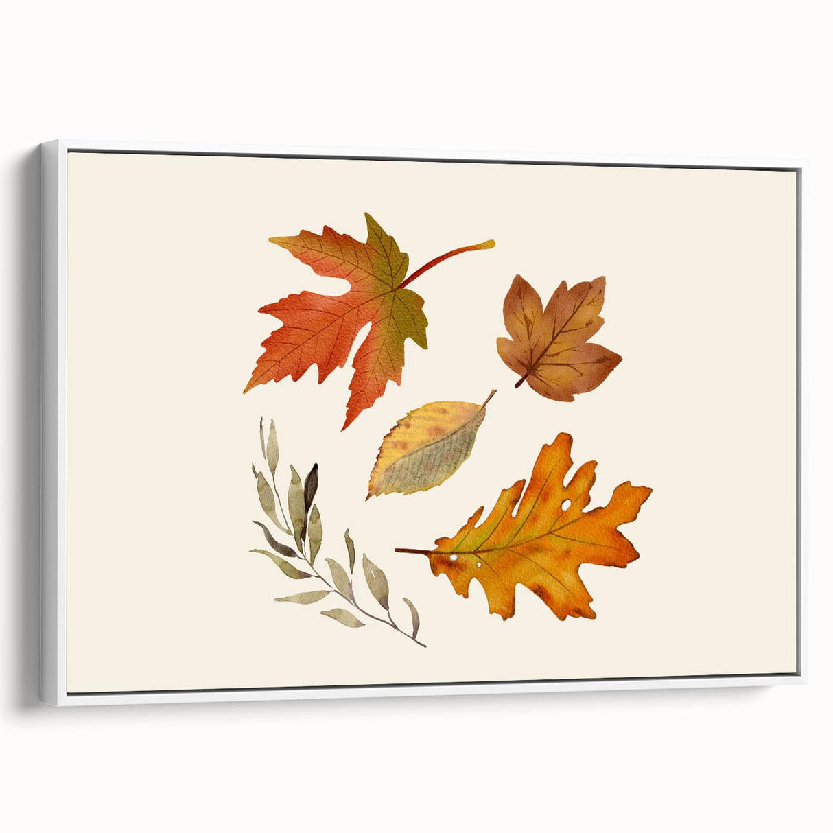 Vintage poster art depicting an autumnal scene with vibrant orange and red leaves on a large framed canvas.