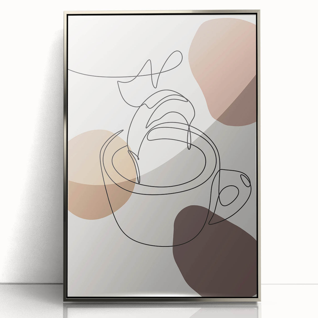 Mid-century modernist art deco poster in silver frame, featuring geometric shapes in muted colors.