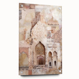 Abstract architectural wall art displayed in a side view, featuring vibrant colors and sleek acrylic glass finish, professionally mounted with pins for a modern aesthetic.