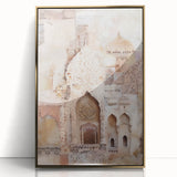 Abstract architectural wall art framed in acrylic with a gold finish, showcasing geometric shapes and a modern aesthetic, ideal for contemporary home decor.