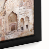 Framed canvas art showcasing a vibrant abstract architectural design, with intricate patterns and bold colors, perfect for modern home decor.