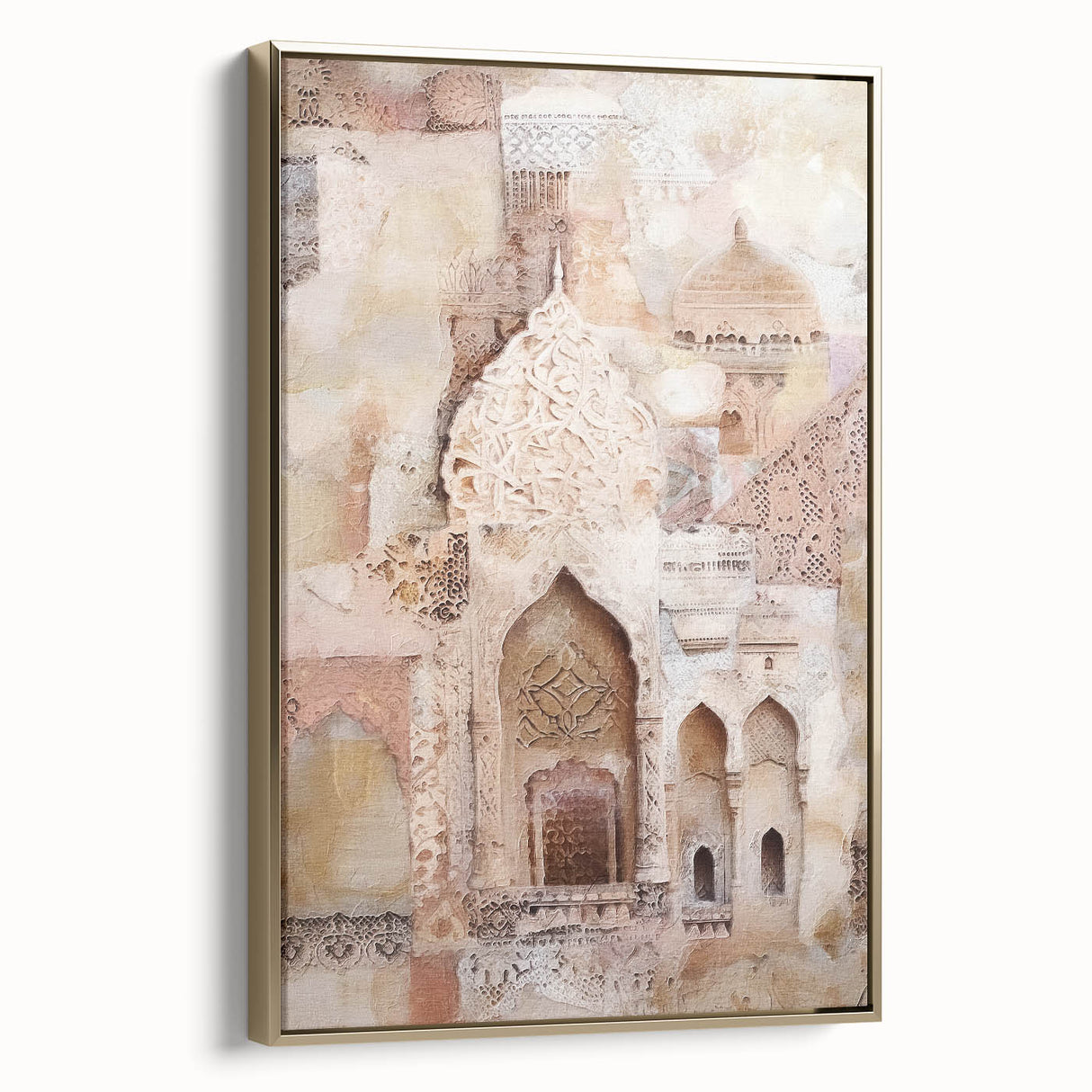 Framed abstract architecture wall art featuring intricate gold and black patterns on a canvas, showcasing modern design elements for stylish home decor.