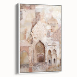 Abstract architectural wall art framed canvas in a sleek white frame, showcasing geometric patterns in neutral tones, perfect for modern home decor.