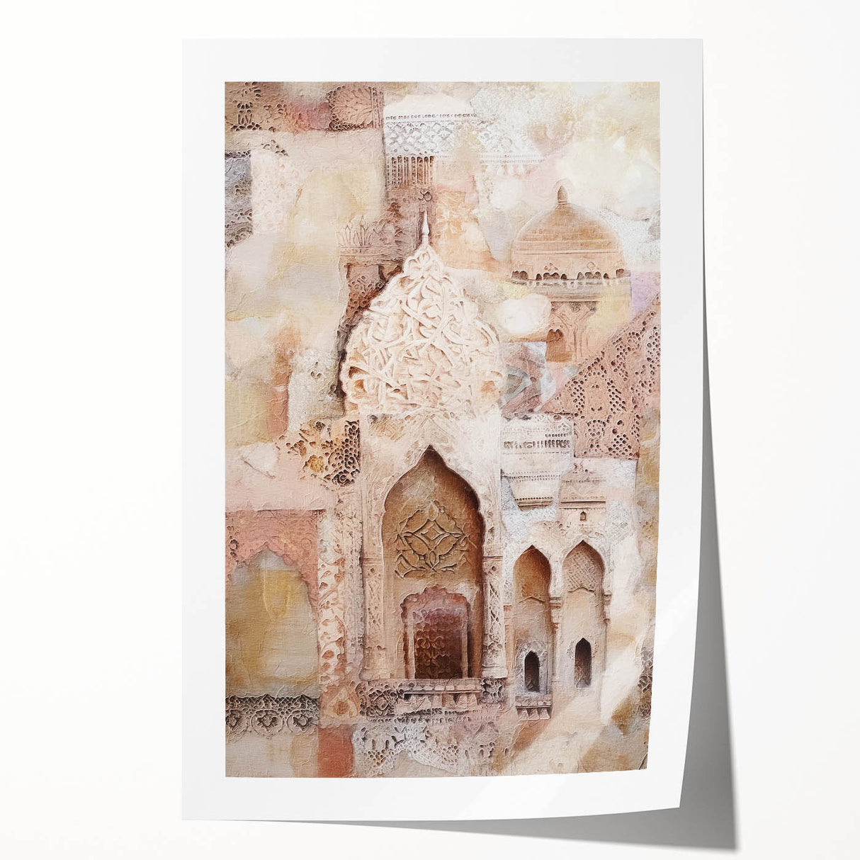 Abstract architectural wall art print featuring geometric shapes in shades of blue, gray, and white, rolled and ready for display in a protective tube.