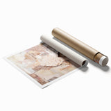 Abstract architecture wall art print showcasing geometric shapes and vibrant colors, rolled and ready for display, enhancing modern decor with a unique touch.