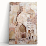 Abstract architecture wall art on stretched canvas, showcasing dynamic geometric shapes in muted tones of gray and beige, adding a modern touch to any interior decor.