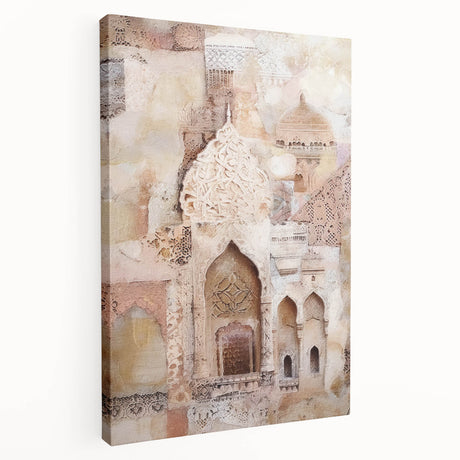 Abstract architectural wall art on stretched canvas showcases geometric patterns in vibrant colors, enhancing modern decor with a stylish side view.