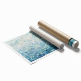Abstract art print showcasing vibrant splatters in shades of blue, yellow, and red, rolled and packaged in a protective cardboard tube for easy display.