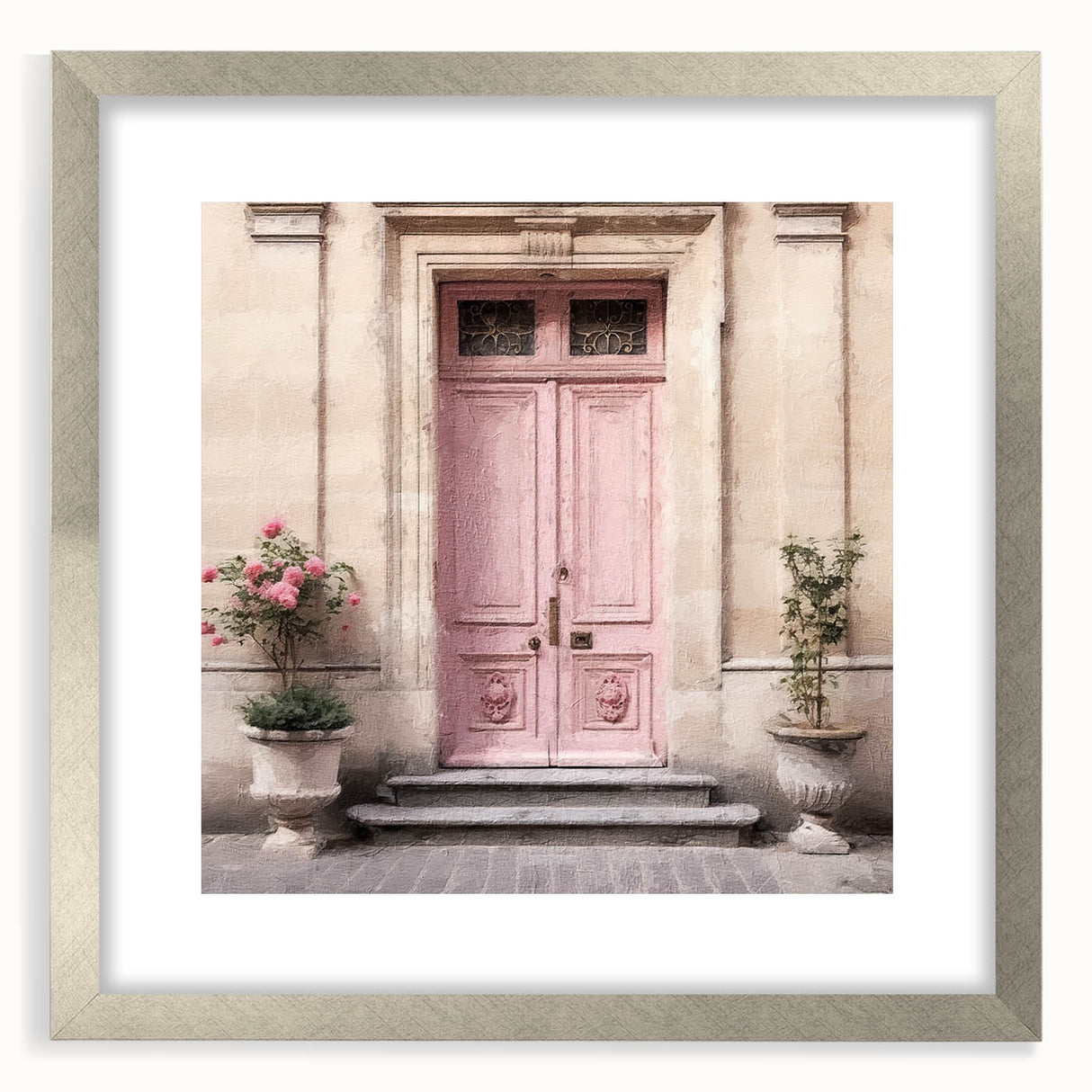 Textured abstract art print featuring an intricate door design in muted earth tones, framed in silver.