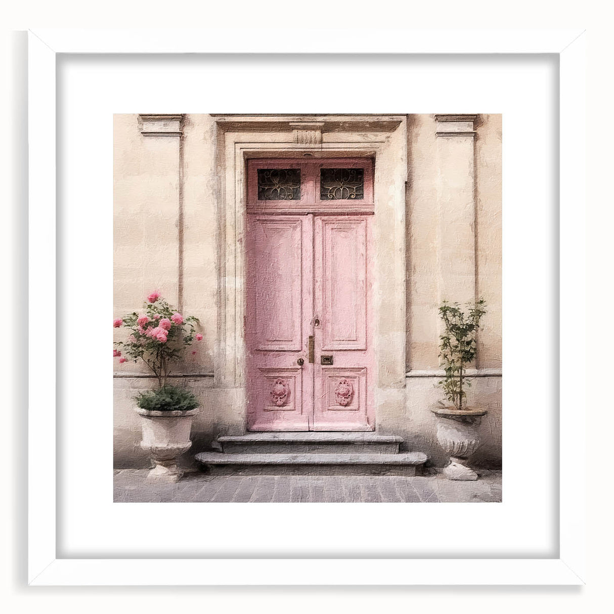 Abstract art print of a stylized French door, featuring neutral tones, framed with a white mat, ideal for dining room decor.