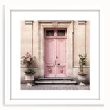 Abstract art print of a stylized French door, featuring neutral tones, framed with a white mat, ideal for dining room decor.