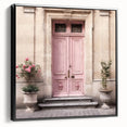 Black and white framed canvas featuring a vintage poster of a French door design, ideal for bedroom wall decor.