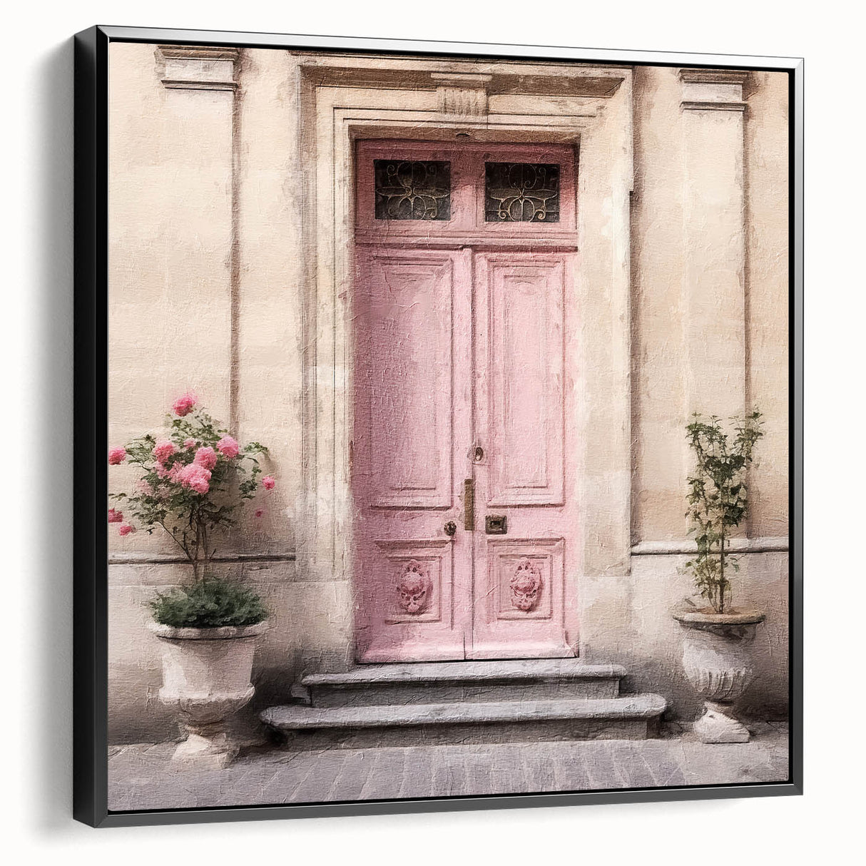 Black and white framed canvas featuring a vintage poster of a French door design, ideal for bedroom wall decor.