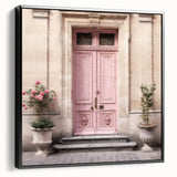 Black and white framed canvas featuring a vintage poster of a French door design, ideal for bedroom wall decor.