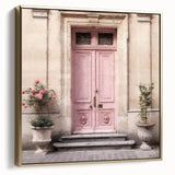 Landscape art painting of a French door in silver and gold tones on framed canvas.