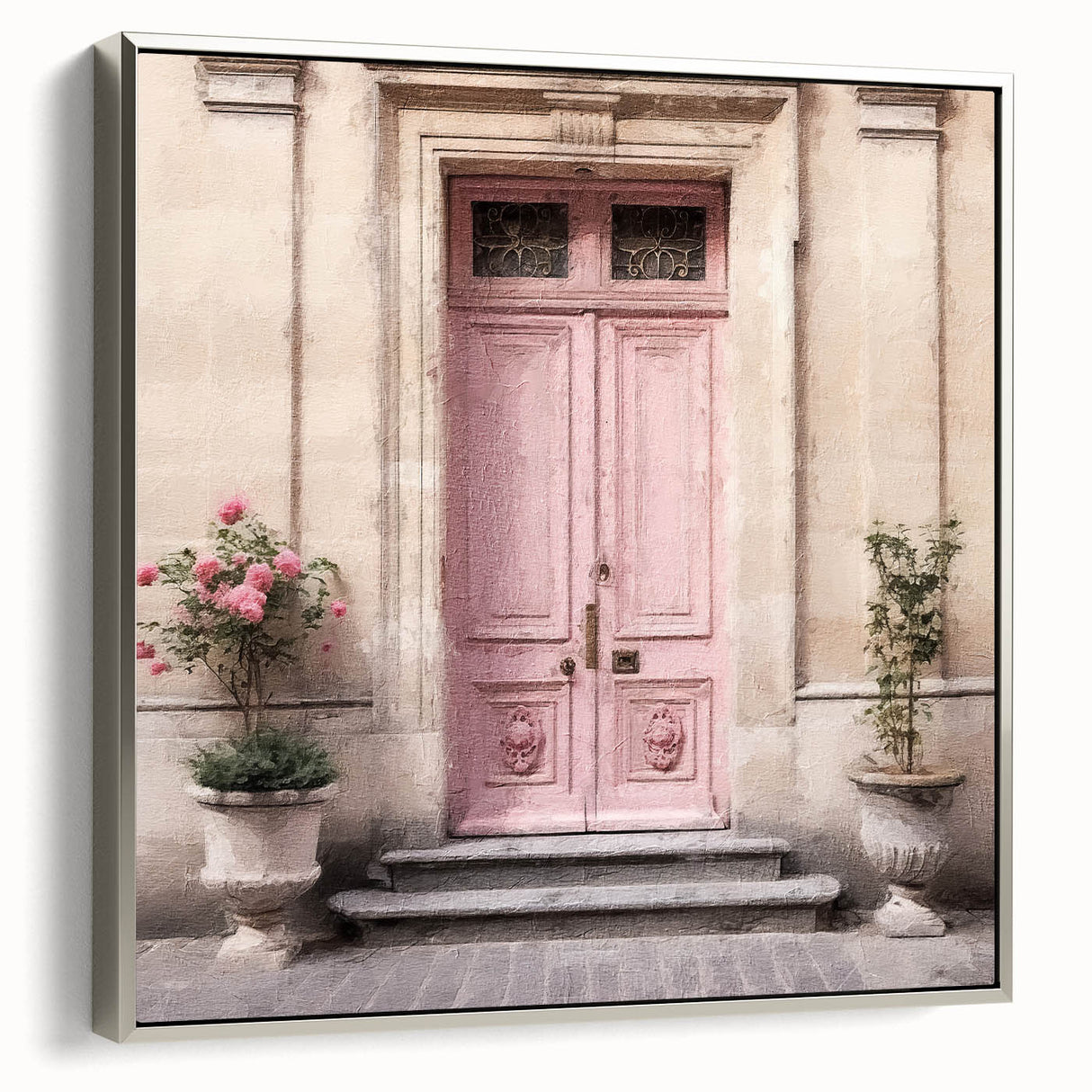 Vintage poster art of a French door in black and colorful tones on a framed canvas, suitable for living room decor.