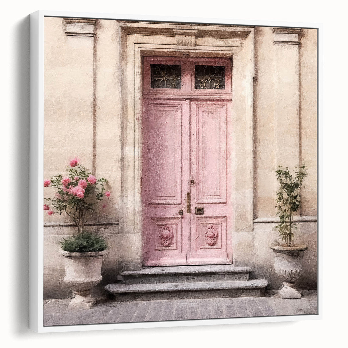 Vintage poster art of a French door in black and white, framed canvas, ideal for bedroom wall art.