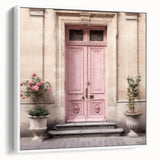 Vintage poster art of a French door in black and white, framed canvas, ideal for bedroom wall art.
