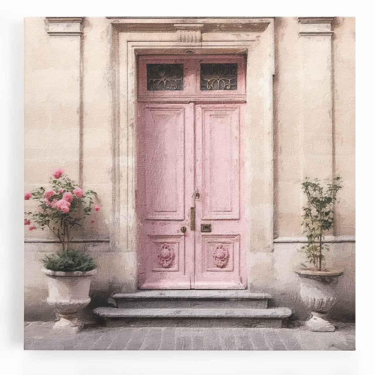 Black and white photo of a French door design on stretched canvas, ideal for kitchen wall art.
