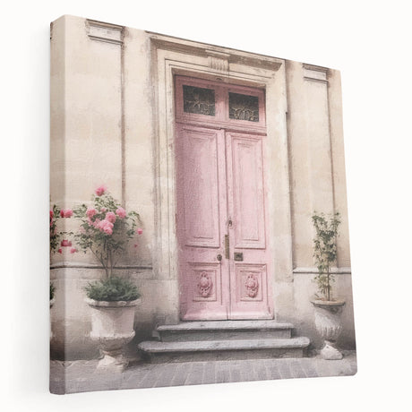 Large stretched canvas featuring a detailed illustration of a French door design in muted earth tones.
