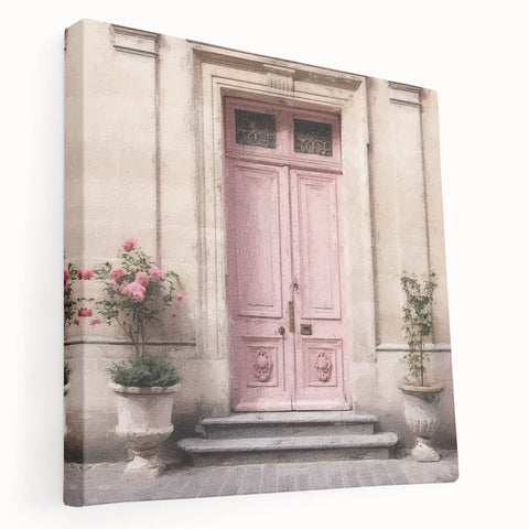 Large stretched canvas featuring a detailed illustration of a French door design in muted earth tones.