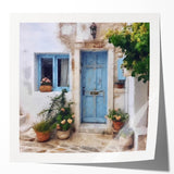 Extra large wall art featuring a Greek door design in muted earth tones on glossy photo paper.