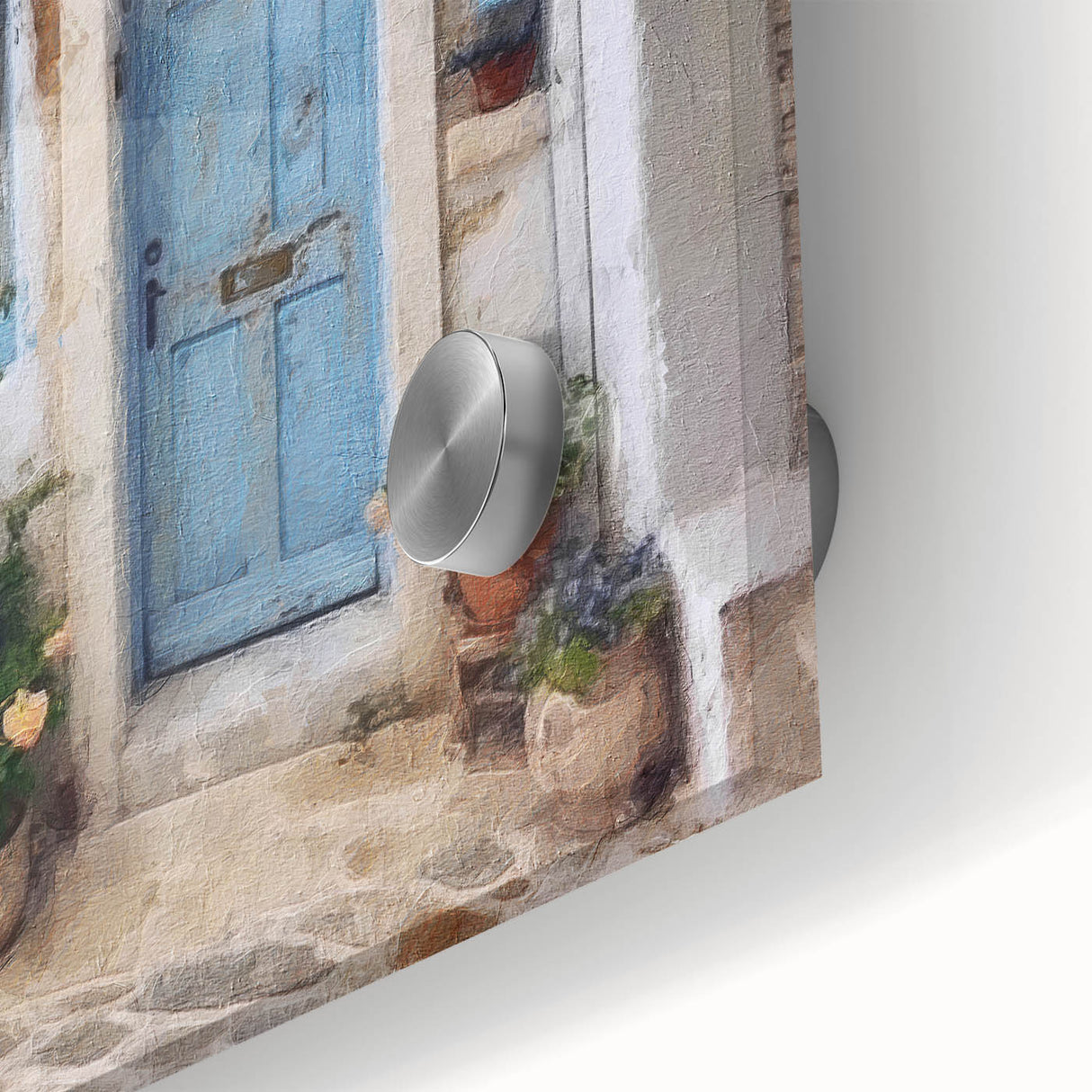 Large abstract wall art of a Greek door design in muted earth tones on acrylic glass, suitable for dining room ambiance.