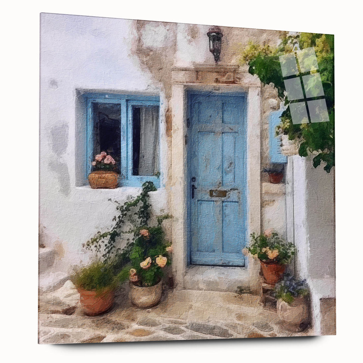 Large abstract wall art on acrylic glass featuring a Greek door design in muted earth tones.