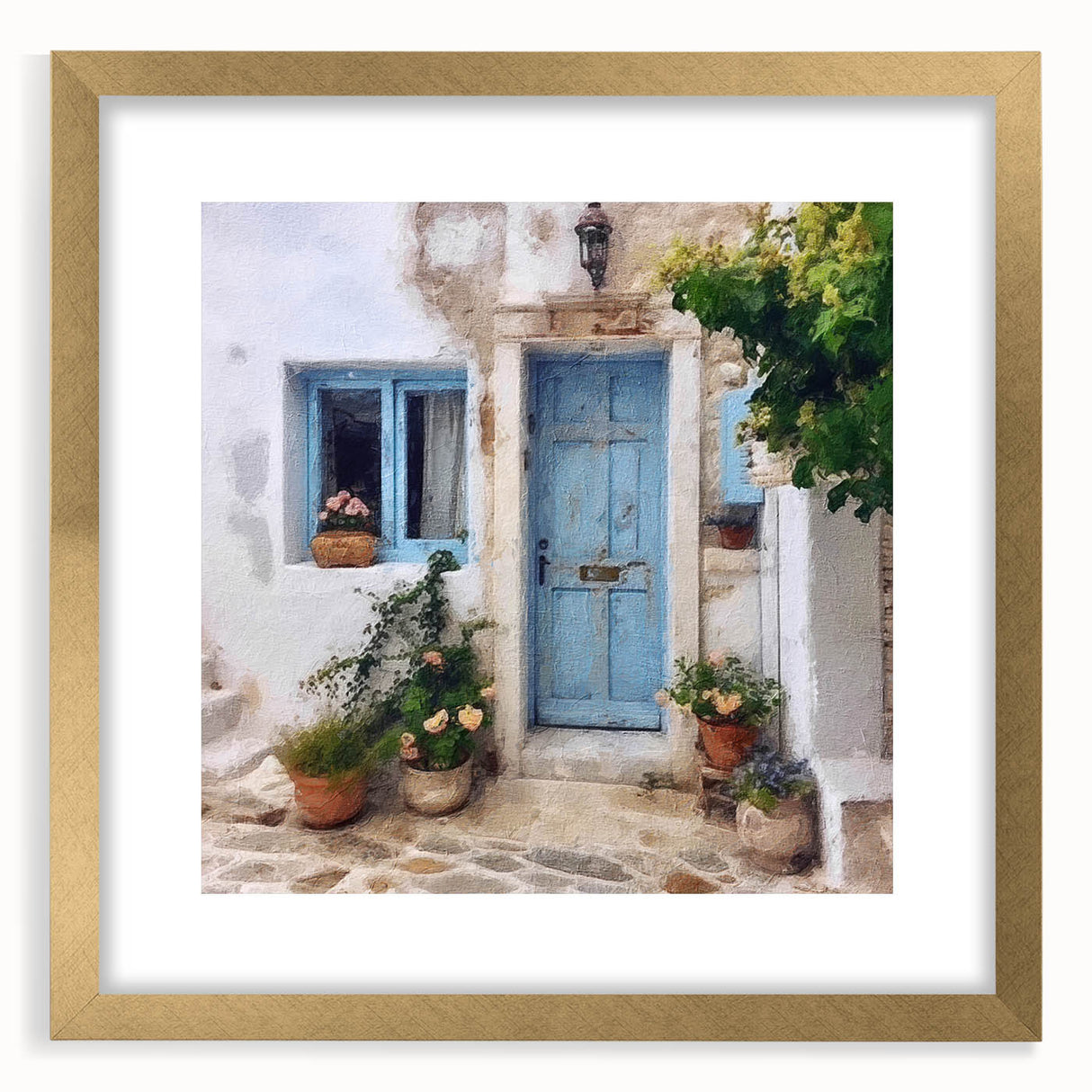 Extra large textured abstract art print featuring a Greek door design in gold tones, framed with a mat.