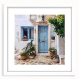 Abstract art print of a Greek door, in muted earth tones on a white framed mat, ideal for dining room decor.