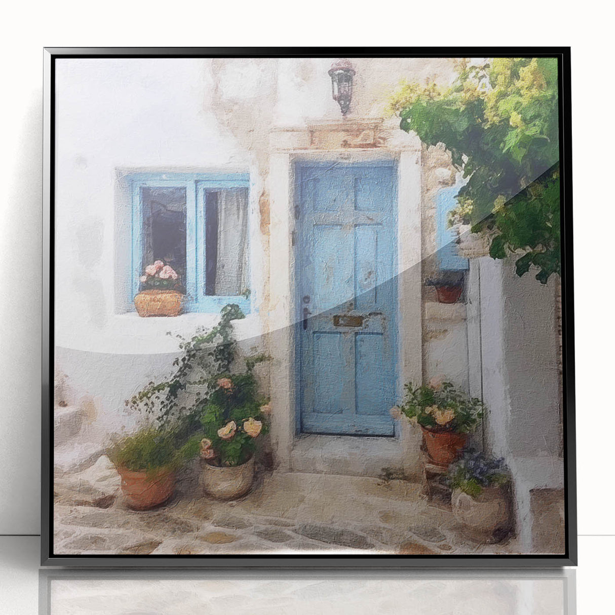 Large abstract wall art depicting a Greek door design in black and white, acrylic print in a mid-century modernist style.