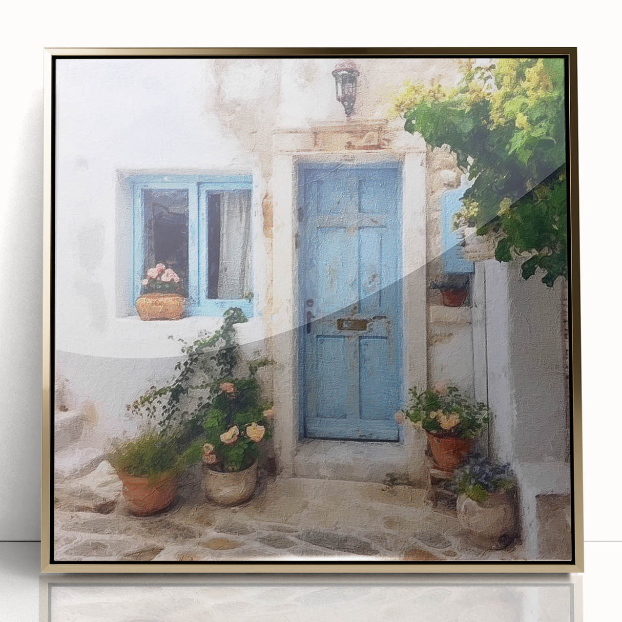 Framed acrylic print of a Greek architecture-inspired door in gold tones, ideal for modern art wall decor.