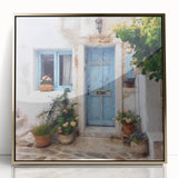 Framed acrylic print of a Greek architecture-inspired door in gold tones, ideal for modern art wall decor.